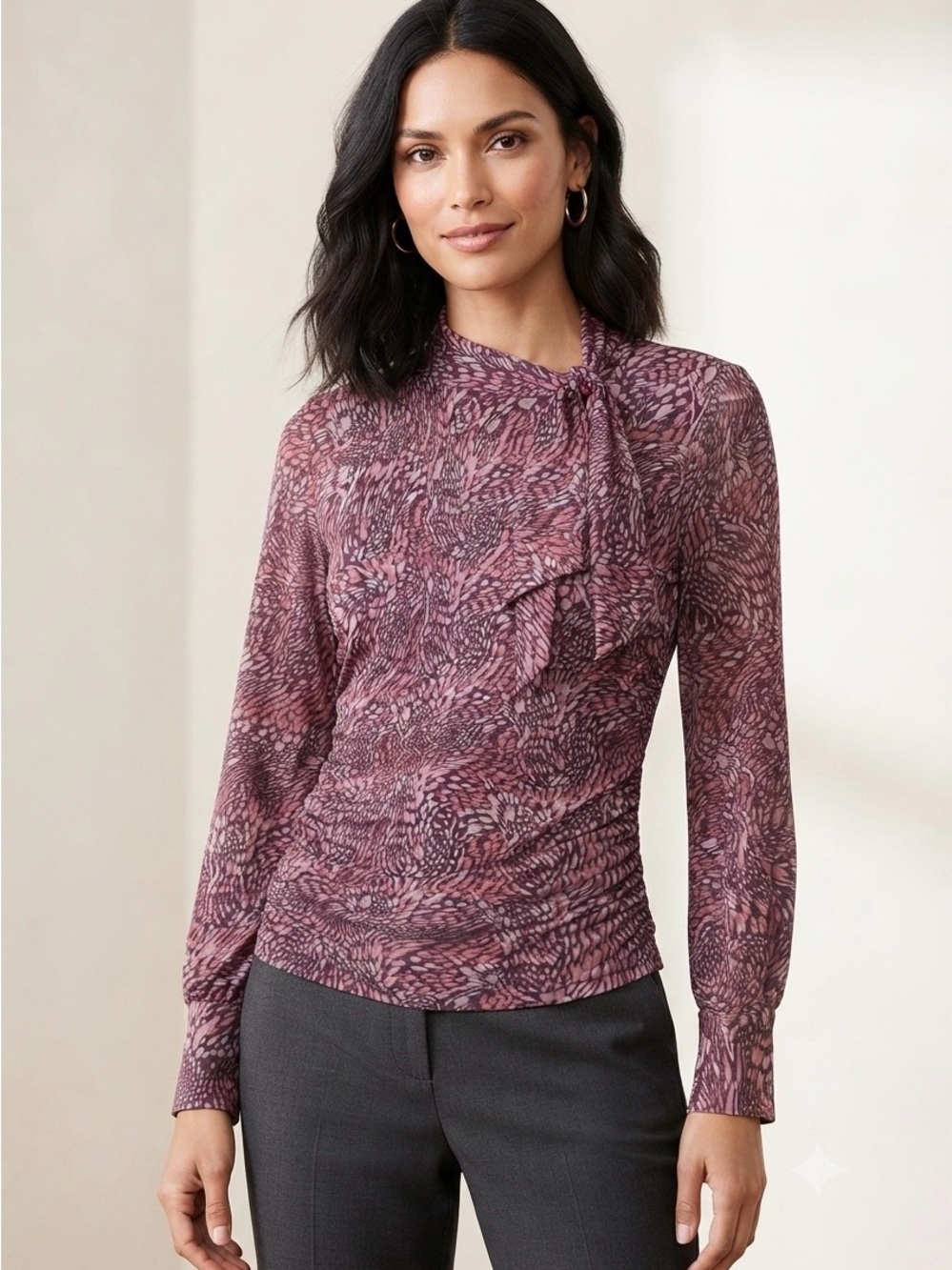 Cable & Gauge Mauve Pink Printed Tie-Neck Long-Sleeve Blouse Size L